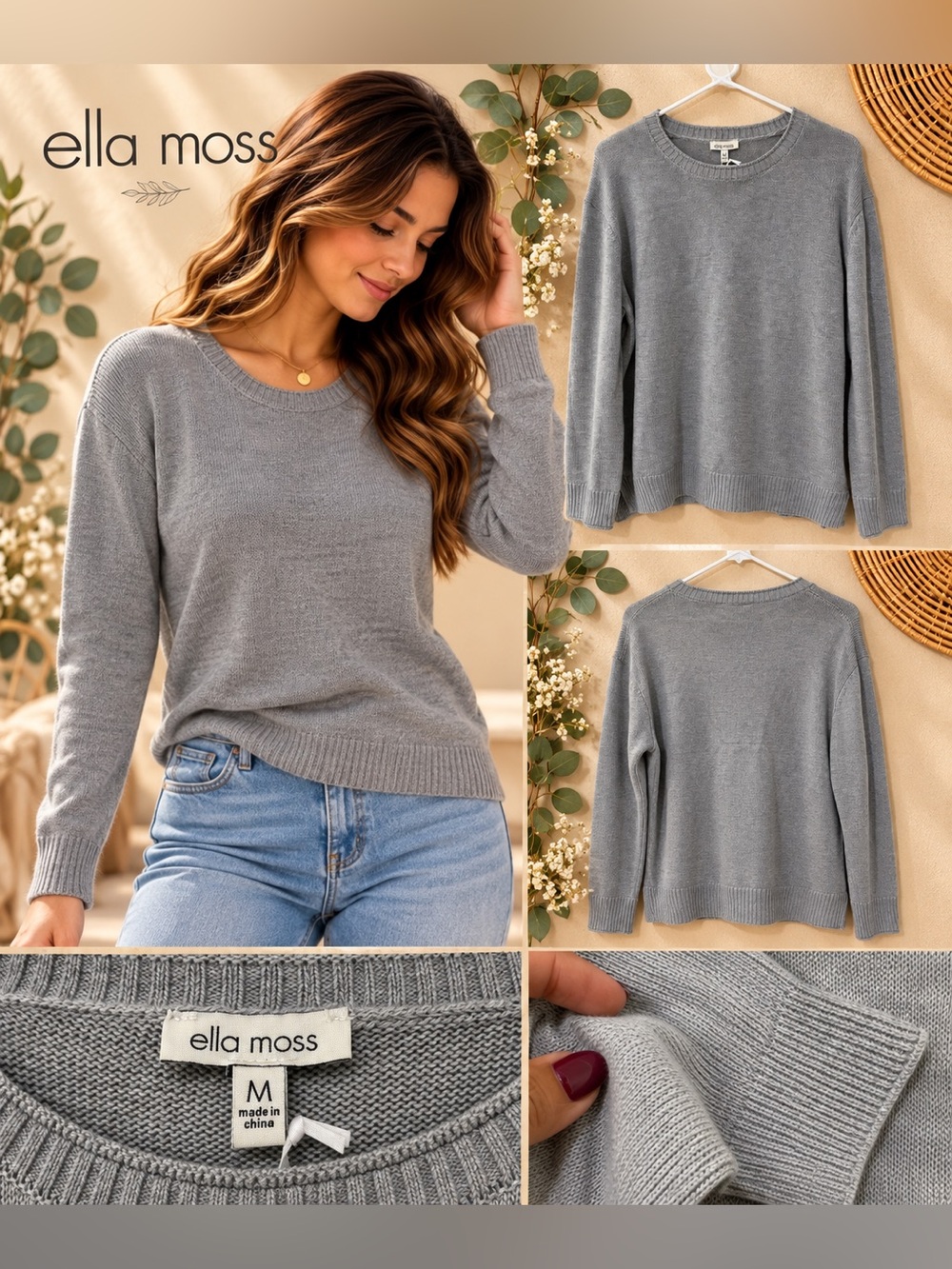 ella moss Women's Crewneck Sweater Crew Neck Sweater in Gray Size Medium NWT